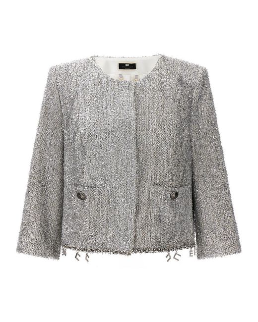 Elisabetta Franchi Gray Lurex Tweed Crop Jacket