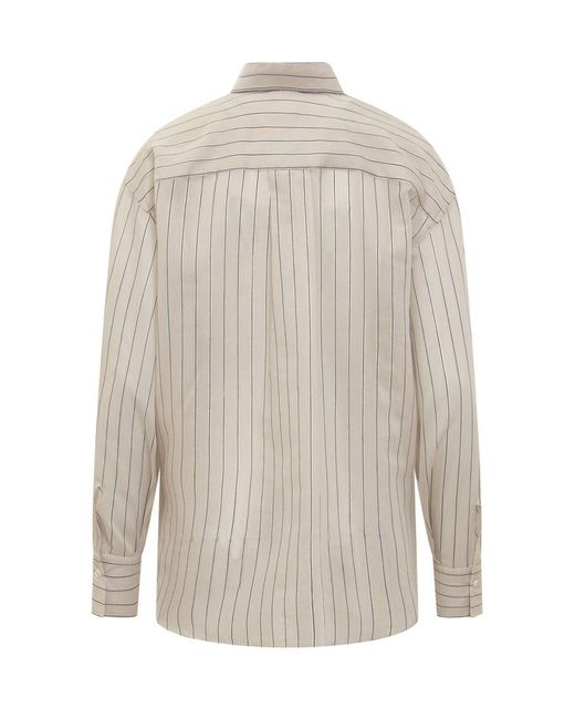Brunello Cucinelli White Cotton And Silk Sparkling Stripe Poplin Shirt With Monile