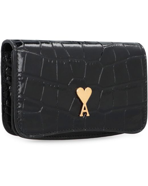 AMI Black Paris Paris Leather Card Holder With Strap