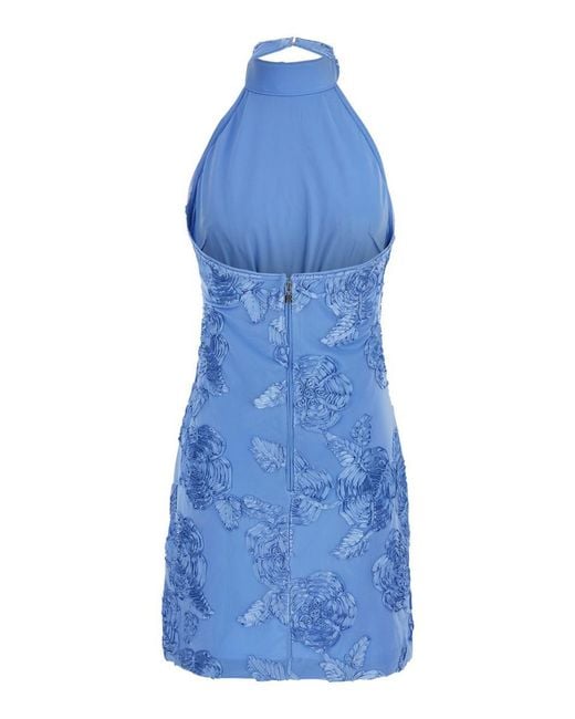 ROTATE BIRGER CHRISTENSEN Blue High Neck Dress With All-Over Floral Motif
