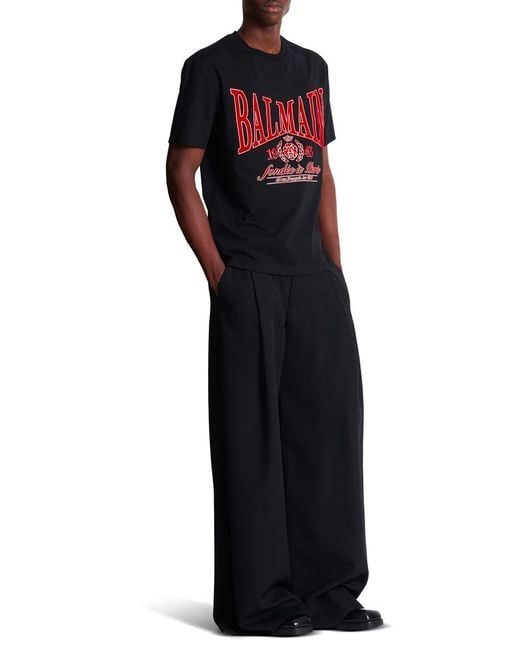 Balmain Red Short-Sleeved T-Shirt With Flocked College Print for men