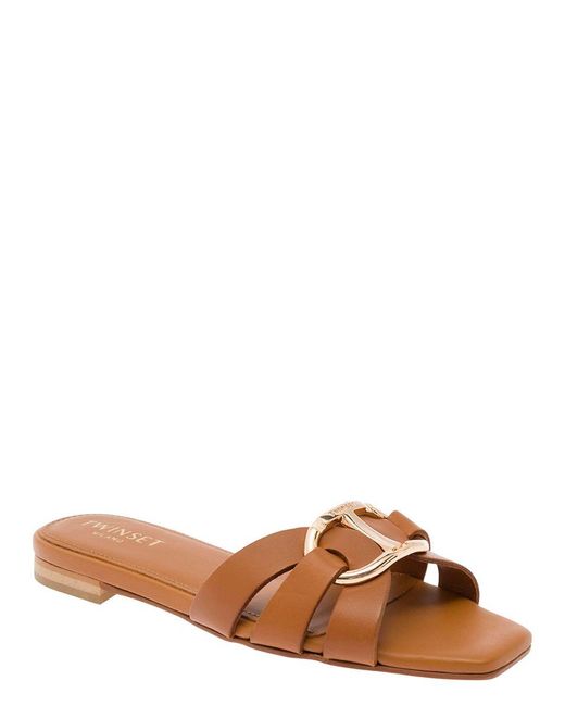 Twin Set Brown Mules With Oval T Logo In Leather Woman