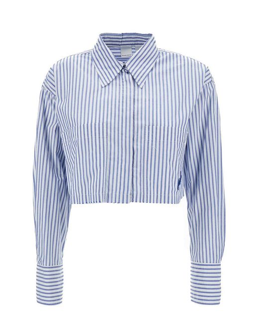 Pinko Light Blue Cropped Striped Shirt With Two Patch Pockets In Cotton Blend Woman