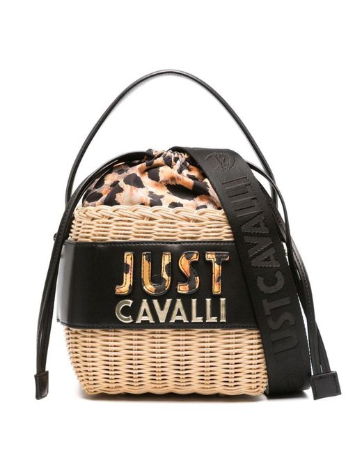 Just Cavalli Black Basket-weave Logo-embossed Bucket Bag
