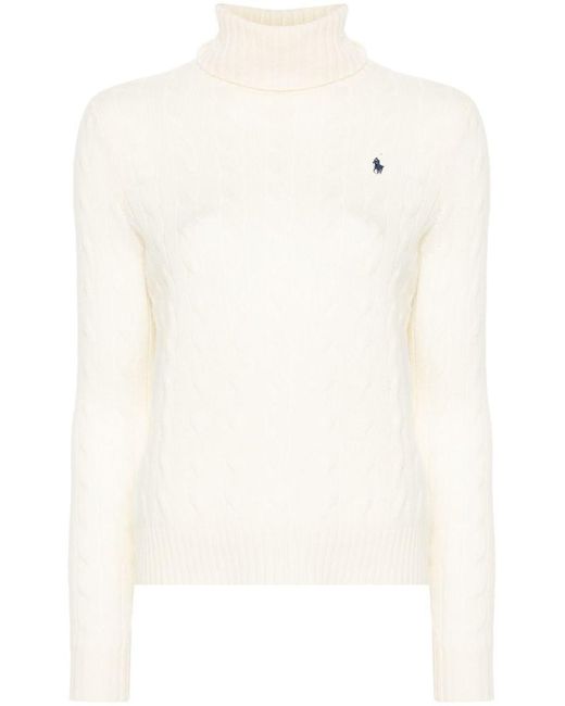 Polo Ralph Lauren White Cable-Knit Wool-Cashmere Blend Turtleneck Sweater