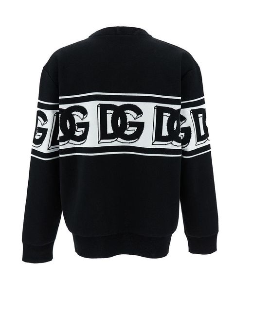 Dolce & Gabbana Blue Black Crewneck Sweater With Dg Motif In Wool Blend Man for men