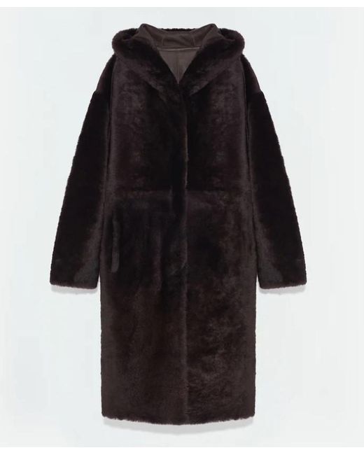 Yves Salomon Black Long Shearling Coat With Hood