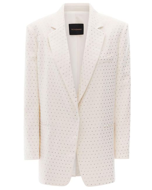 ANDAMANE White 'Guia Crystal' Oversized Single-Breasted Jacket With All-Over Rhinestone Embellishment