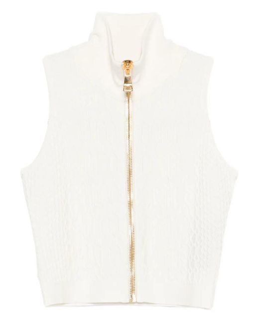 Balmain White High-Neck Zip-Up Top