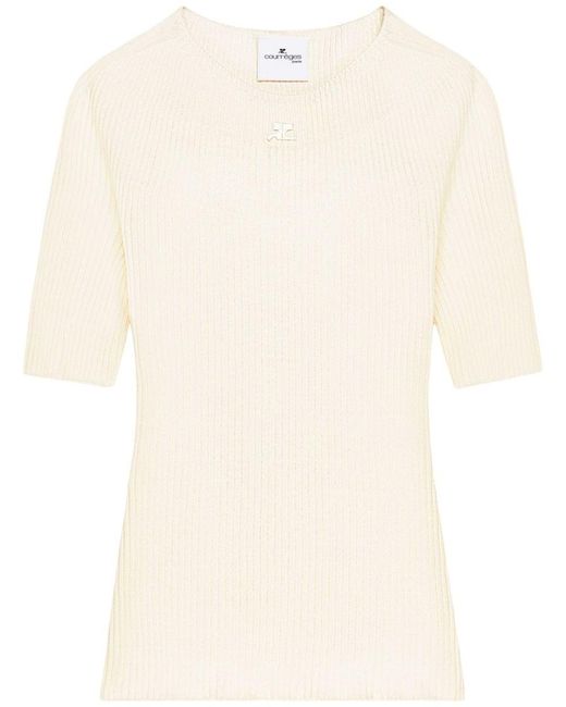 Courreges Natural Cotton And Wool Solar Top With Embroidered Logo