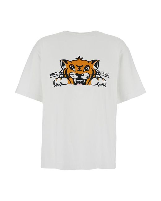 KENZO White 'Gots Happy Tiger' Crewneck T-Shirt With Maxi Logo Embroidery On The Front And Logo Lettering On The Rear for men