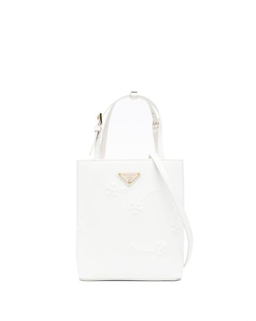 Prada White Floral-embossed Leather Tote Bag
