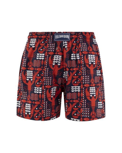 Vilebrequin Red Stretch Beach Shorts With Patterned Print for men