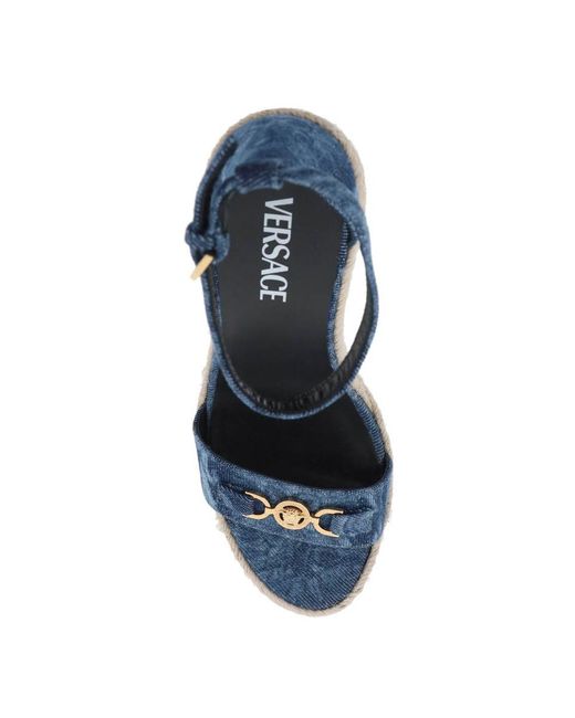 Versace Blue Denim Barocco Wedge Sandals