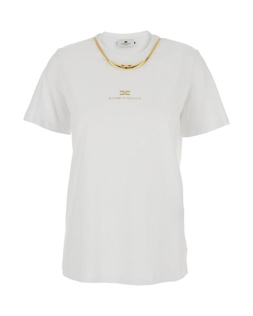 Elisabetta Franchi White T-Shirt With Metallic Logo On The Front