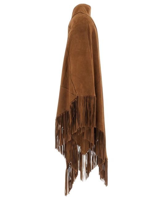 Plain 'elena' Brown Cape With Fringes In Suede Woman