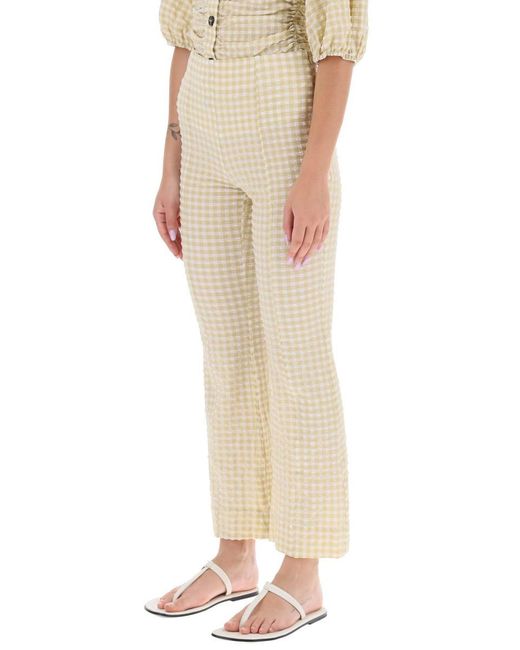 Ganni Natural Flared Pants With Gingham Motif