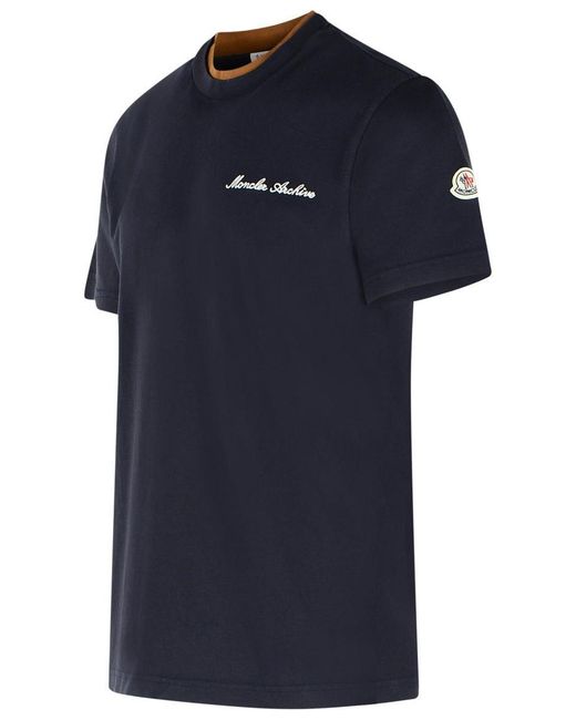 Moncler Blue Cotton Embroidered Logo T-Shirt for men