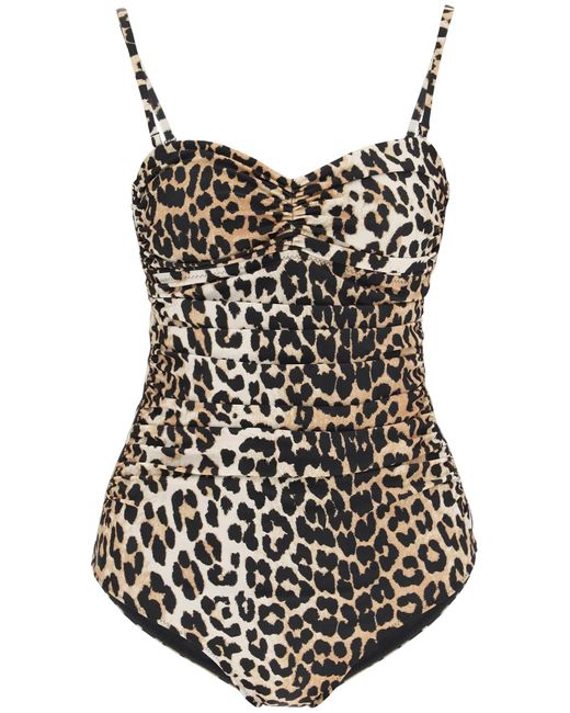 Ganni Leopard Print Swimsuit in Brown | Lyst