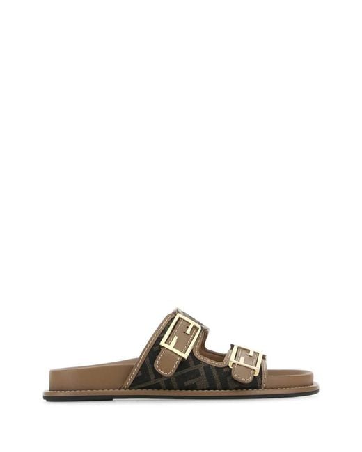 Fendi Brown Ff Jacquard Dual Buckle Slide Sandals