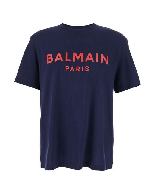 Balmain Blue Crewneck T-Shirt With Logo Lettering Print On The Front for men