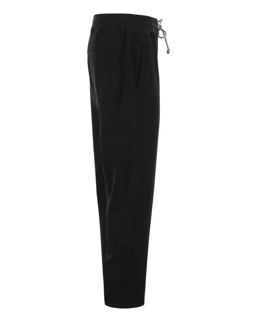 Brunello Cucinelli Black Techno Cotton Fleece Trousers With Crête for men