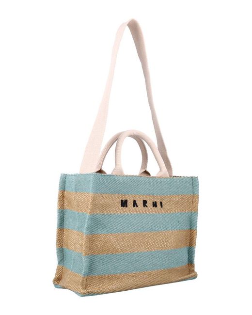 Marni Blue Raffia-Effect Small Tote Bag