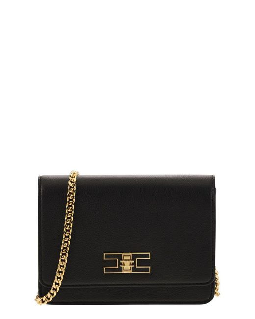 Elisabetta Franchi Black Small Shoulder Strap With Logo Plaque
