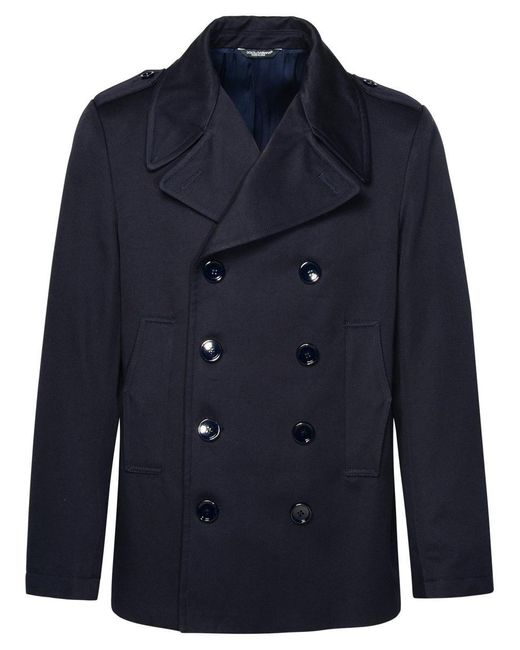 Dolce & Gabbana Blue Wool Double Breasted Coat for men