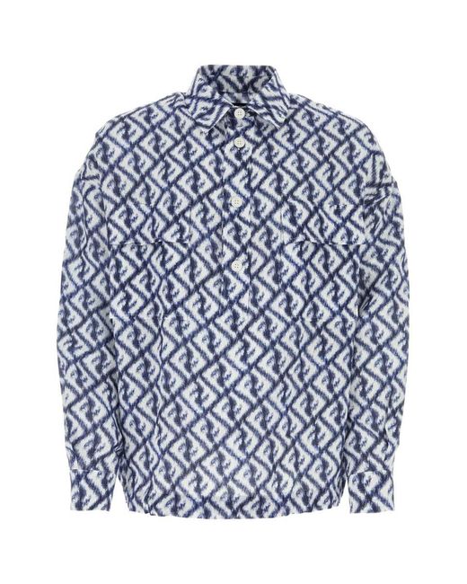 Fendi Blue Logo-print Linen Shirt for men