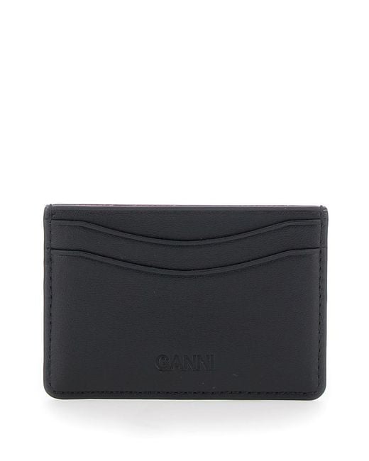 Ganni Gray Black Card Holder With Graphic Print On The Front In Leather Blend Woman