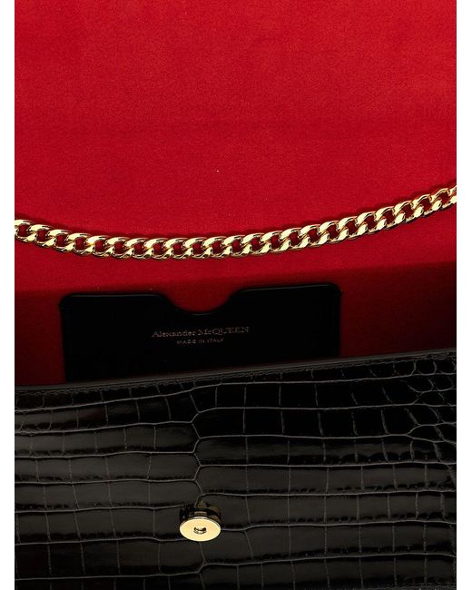Alexander McQueen Black Skull Embossed Croc Leather Top Handle Bag