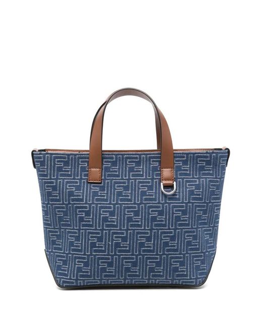 Fendi Denim Effect Ff Jacquard Small Shopping Bags in Blue
