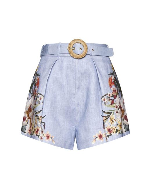 Zimmermann Blue Floral Print Linen Shorts