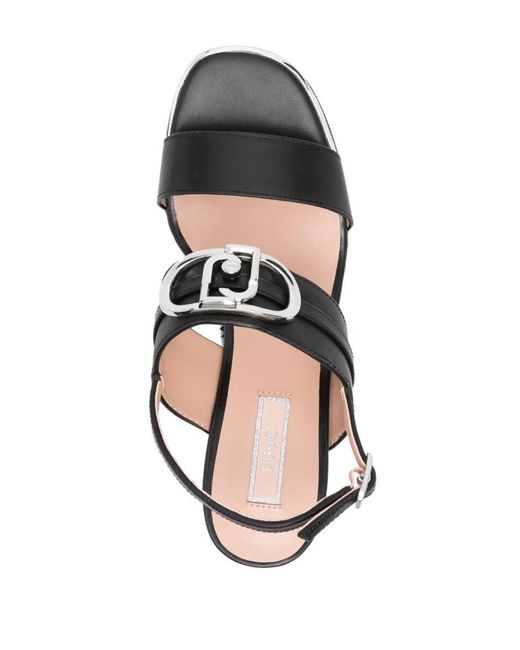Liu Jo Black Leather Wedge Sandals With Logo Plate