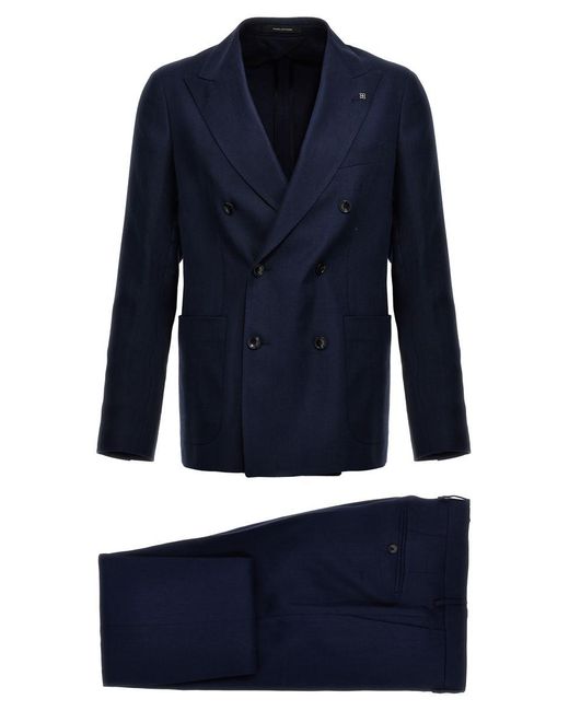 Tagliatore Blue Double-Breasted Linen Suit for men