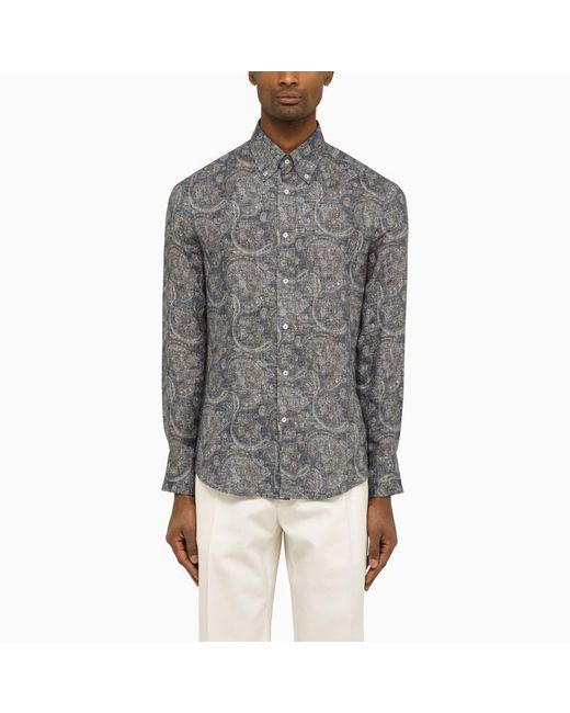 Brunello Cucinelli Gray Linen Shirt With Paisley Print for men
