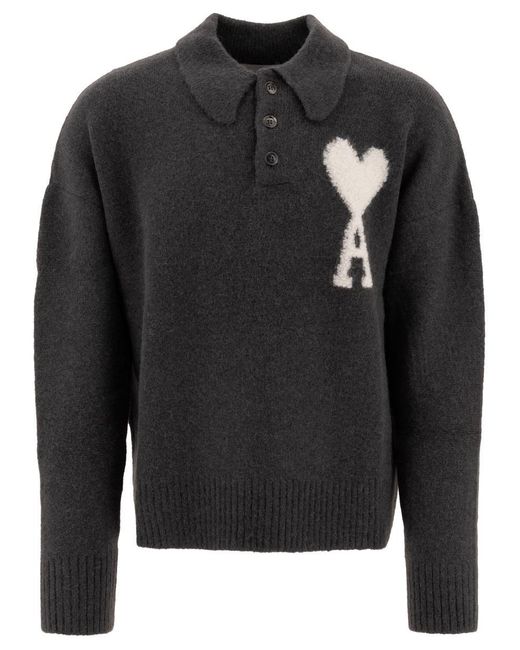 AMI Black "Ami De Coeur" Alpaca Polo Shirt for men