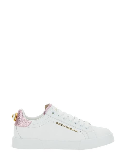 Dolce & Gabbana White 'Portofino' Sneaker With Logo And Metallic Inserts