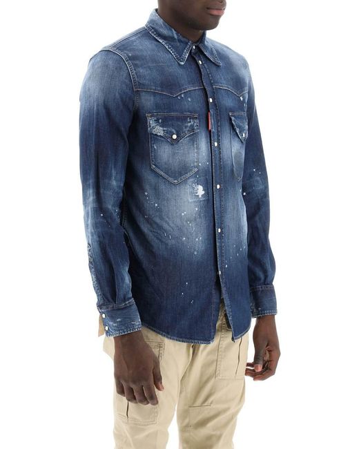DSquared² Blue Western Shirt In Used Denim for men