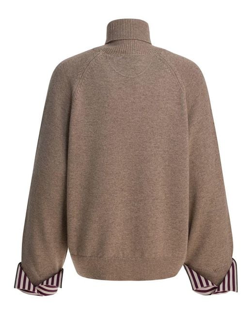 Brunello Cucinelli Brown Turtleneck Sweater With Shiny Shirt Details
