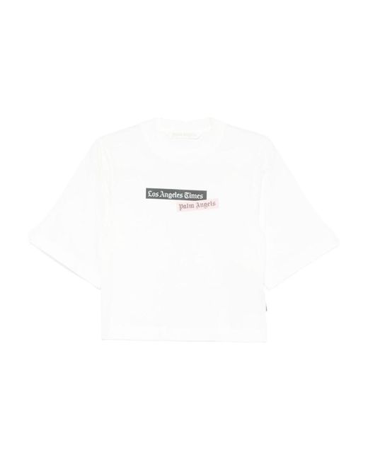 Palm Angels White Cotton T-Shirt With Print
