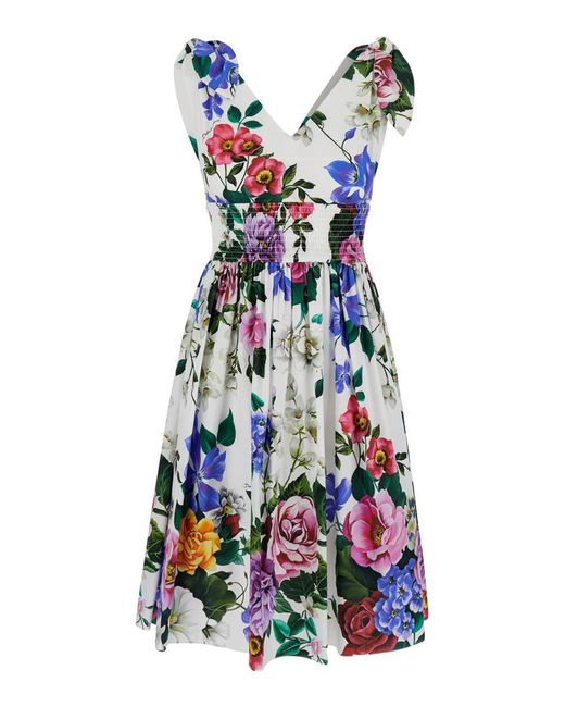 Dolce & Gabbana Blue Multicolor Short Dress With All-over Floral Print In Cotton Woman