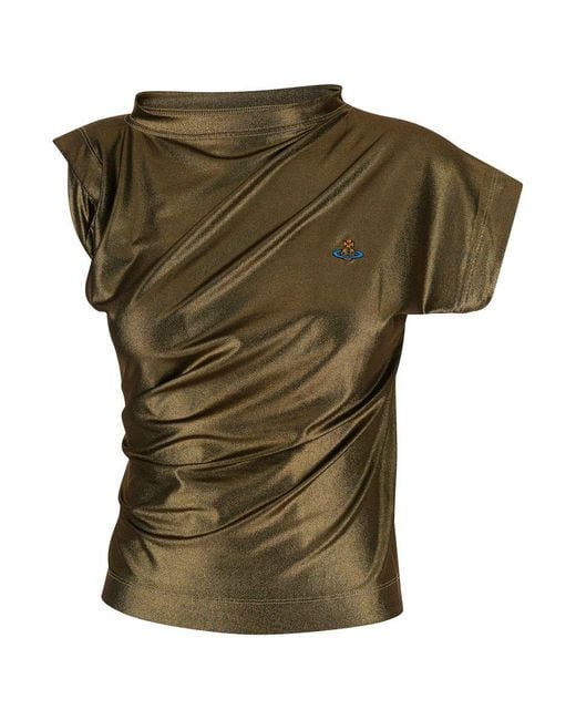 Vivienne Westwood Green 'Hebo' Metallic Asymmetric Top With Gathered Detail