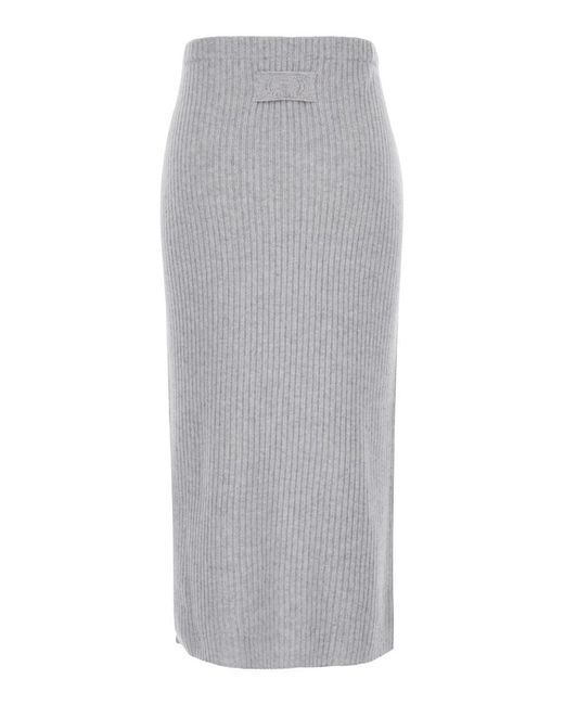 Twinset Gray Midi Skirt With Logo Patch