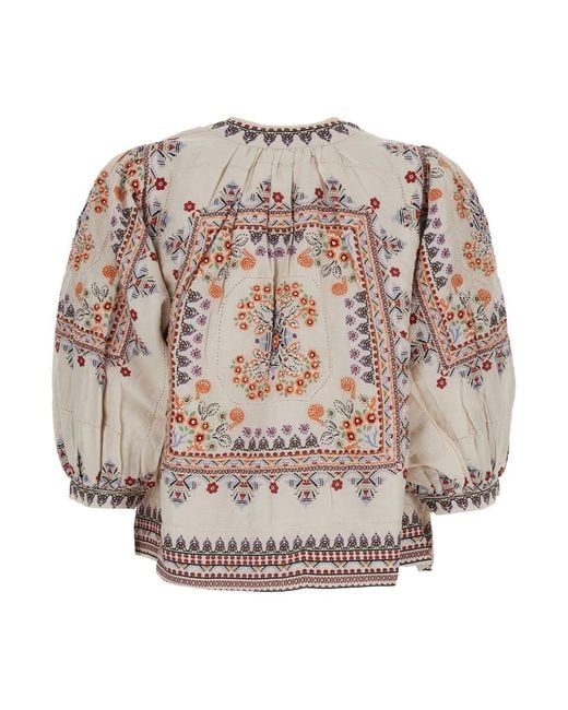 M.A.B.E Natural 'Eden' Jacket With Puffed Sleeves And All-Over Floral And Geometric Print