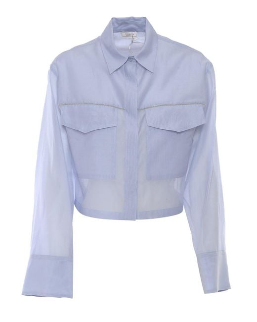 Peserico Blue Cropped Blouse With Classic Collar And Subtle Embellishment