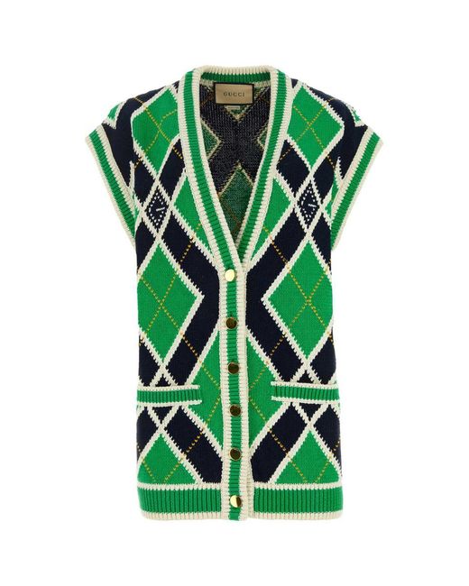 Gucci Green G Rhombus Cotton Stitch Cardigan