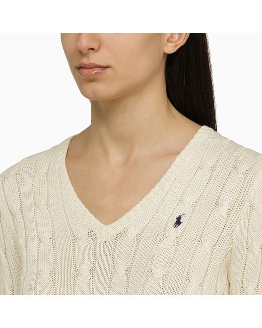Polo Ralph Lauren White Cream Coloured Cotton Cable Knit Sweater With Logo