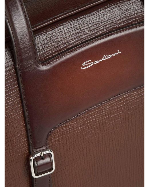 Santoni Brown Leather Travel Bag for men